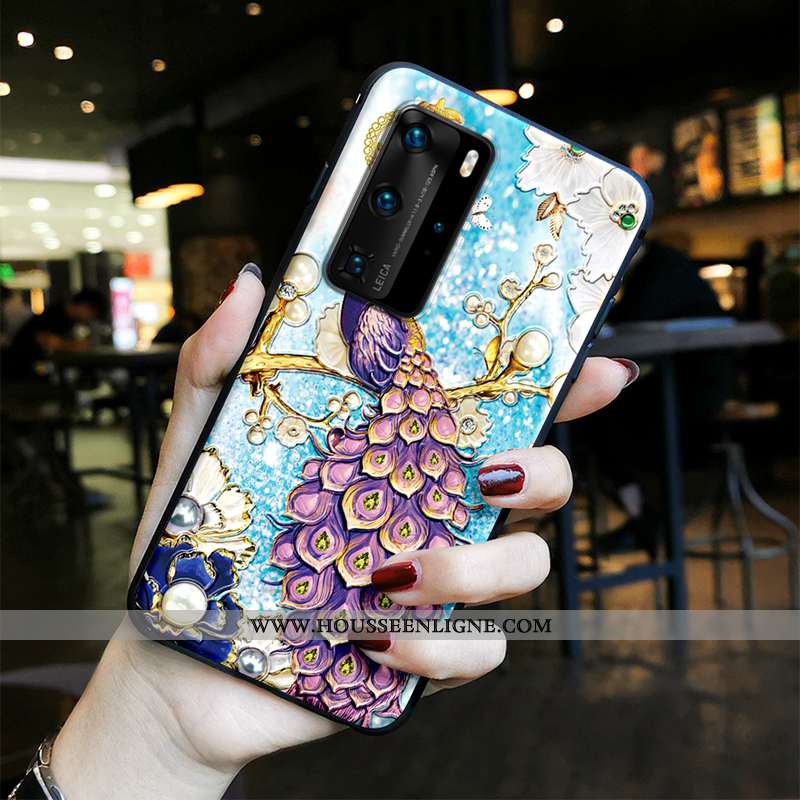 Housse Huawei P40 Pro Tendance Fluide Doux Vent Protection Paon Peinture Silicone Bleu