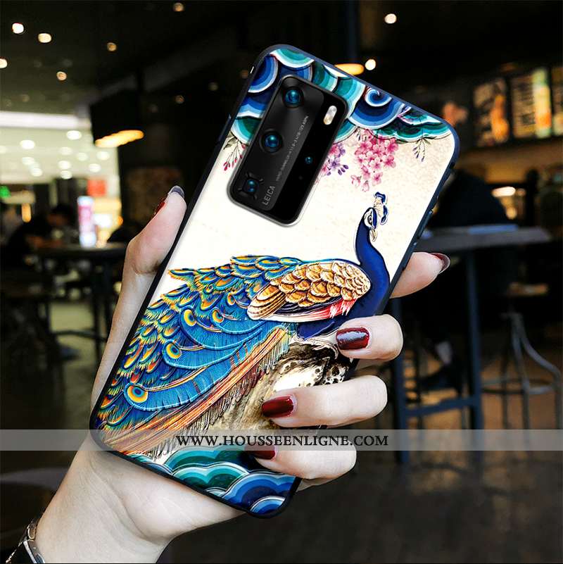 Housse Huawei P40 Pro Tendance Fluide Doux Vent Protection Paon Peinture Silicone Bleu