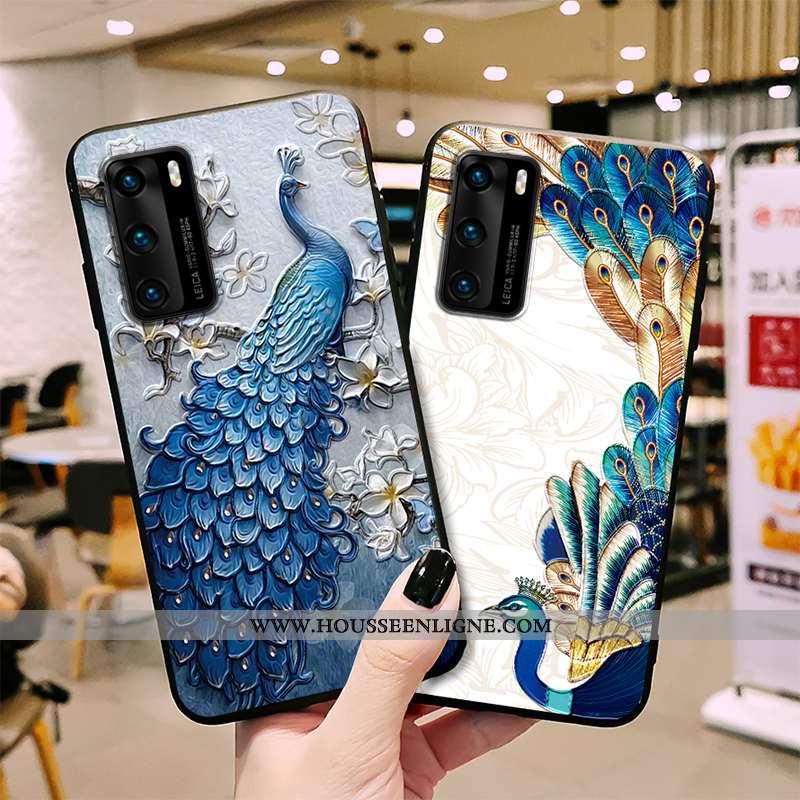 Housse Huawei P40 Pro Tendance Fluide Doux Vent Protection Paon Peinture Silicone Bleu