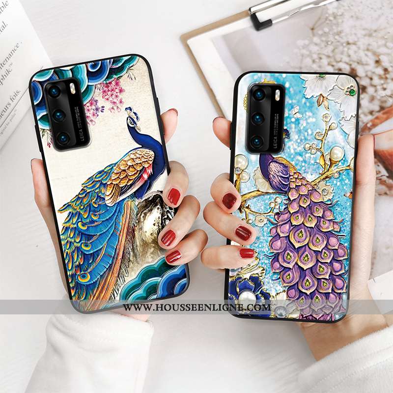 Housse Huawei P40 Pro Tendance Fluide Doux Vent Protection Paon Peinture Silicone Bleu