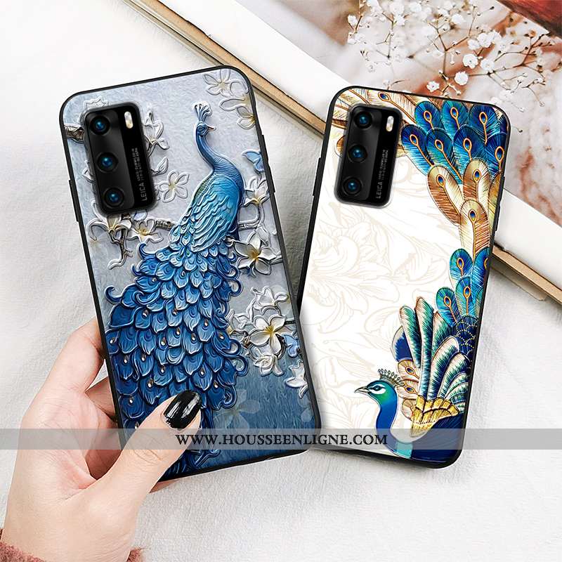 Housse Huawei P40 Pro Tendance Fluide Doux Vent Protection Paon Peinture Silicone Bleu