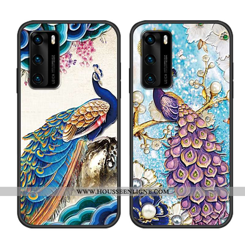 Housse Huawei P40 Pro Tendance Fluide Doux Vent Protection Paon Peinture Silicone Bleu