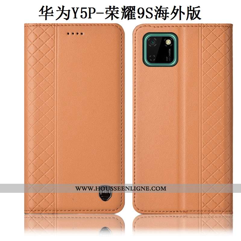 Housse Huawei Y5p Cuir Véritable Protection Coque Jaune Téléphone Portable Incassable