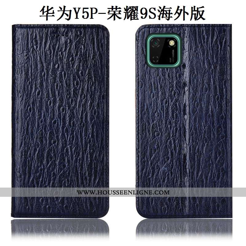 Housse Huawei Y5p Protection Cuir Véritable Étui Oiseau Bleu Incassable Coque