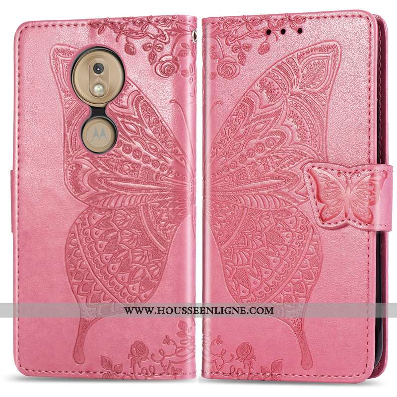 Housse Moto G7 Play Protection Ornements Suspendus Coque Fleur Charmant Gaufrage Papillon Rose