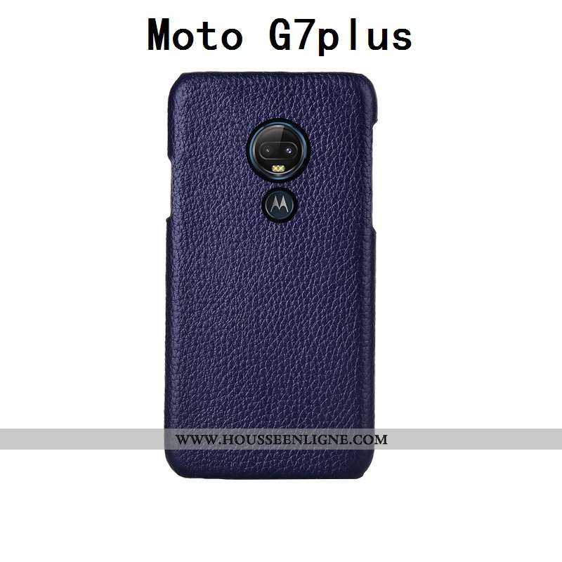 Housse Moto G7 Plus Luxe Personnalité Cuir Cuir Haut Couvercle Arrière Bovins Personnalisé Bleu Fonc
