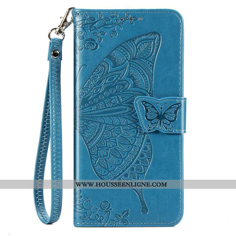 Housse Moto G8 Plus Cuir Protection Téléphone Portable Fleur Étui Bleu