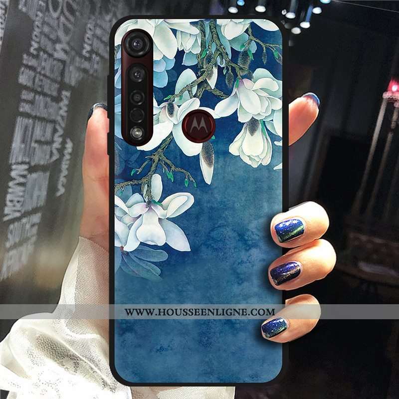 Housse Moto G8 Plus Délavé En Daim Créatif Coque Pu Fluide Doux Étui Peinture Bleu