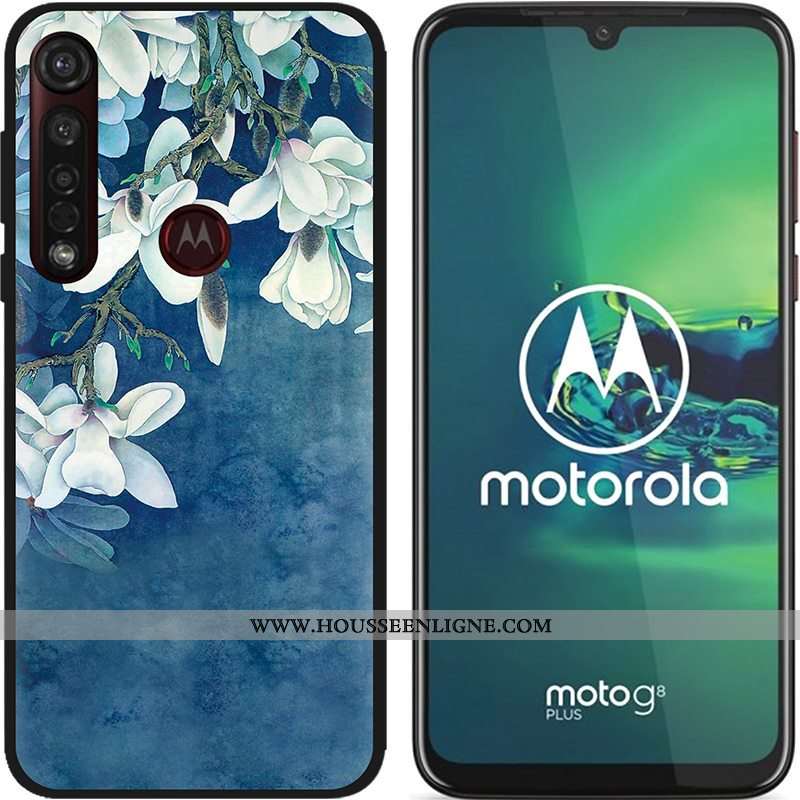 Housse Moto G8 Plus Délavé En Daim Créatif Coque Pu Fluide Doux Étui Peinture Bleu