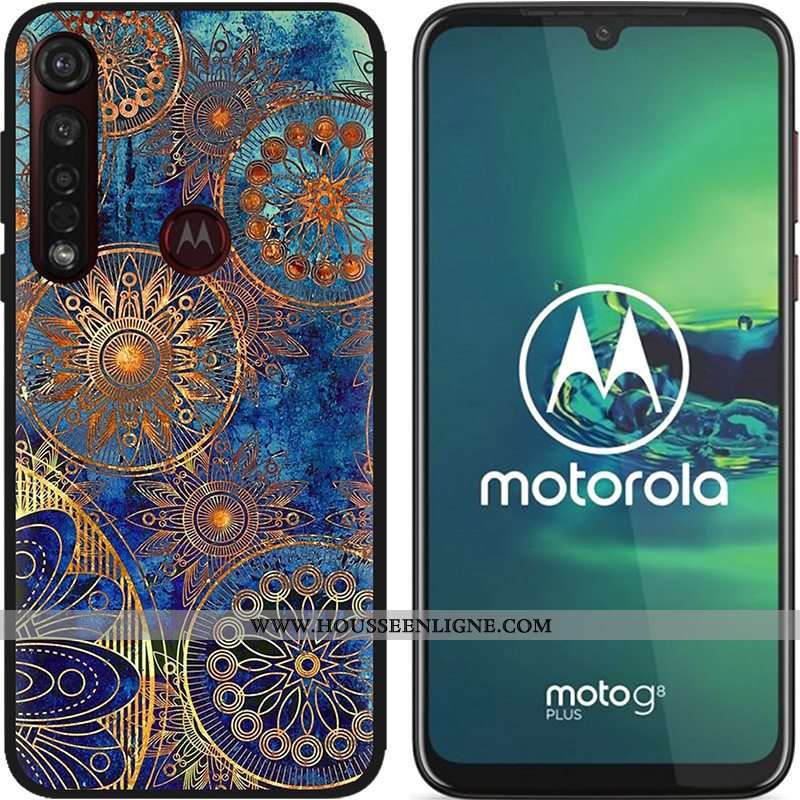 Housse Moto G8 Plus Délavé En Daim Créatif Coque Pu Fluide Doux Étui Peinture Bleu