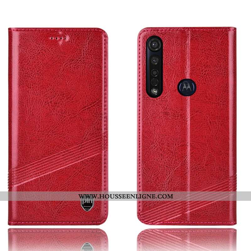 Housse Moto G8 Plus Protection Cuir Véritable Étui Coque Rouge Téléphone Portable