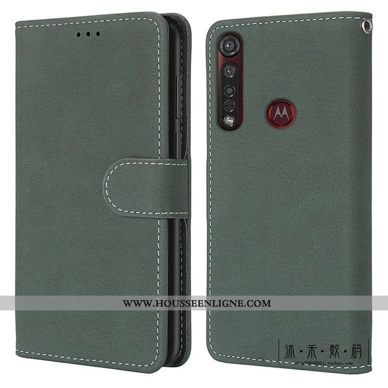 Housse Moto G8 Plus Protection Délavé En Daim Cuir Clamshell Vintage Téléphone Portable Coque Verte