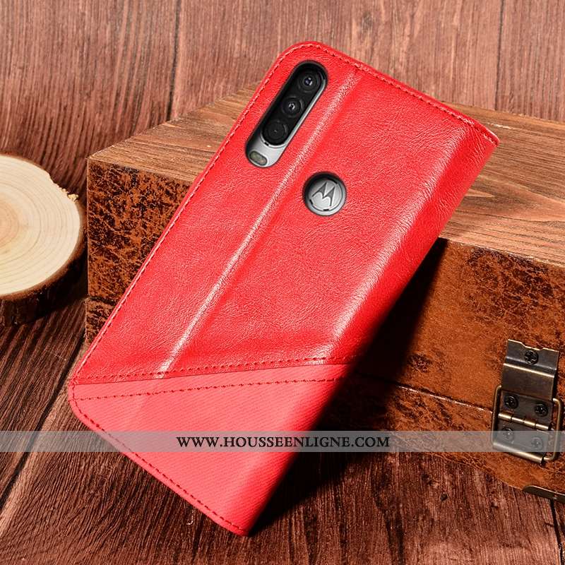Housse Motorola One Action Cuir Protection Support Étui Carte Rouge Incassable