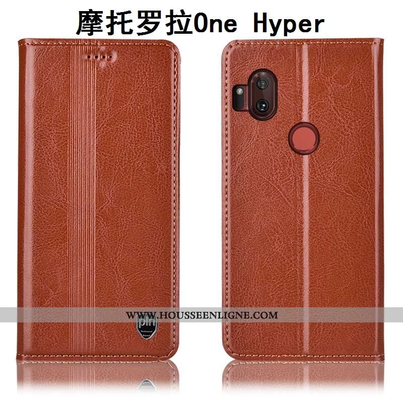 Housse Motorola One Hyper Cuir Véritable Protection Téléphone Portable Étui Coque Incassable Marron