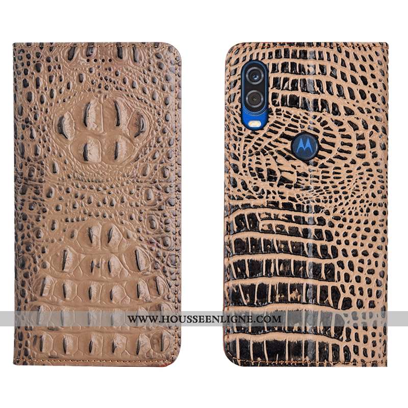 Housse Motorola One Vision Protection Cuir Véritable Crocodile Tout Compris Coque Étui Marron