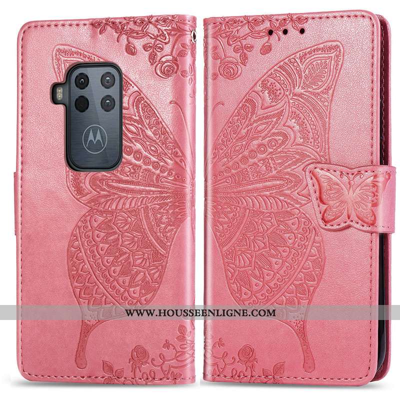 Housse Motorola One Zoom Cuir Protection En Relief Fleur Rose Coque
