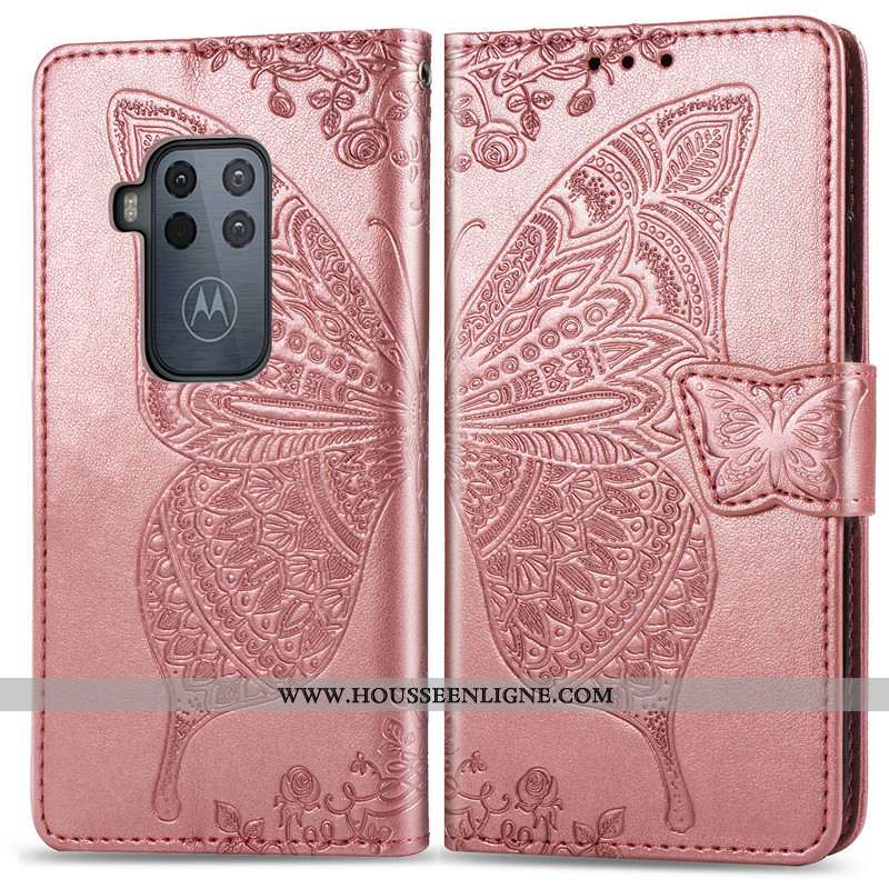 Housse Motorola One Zoom Cuir Protection En Relief Fleur Rose Coque