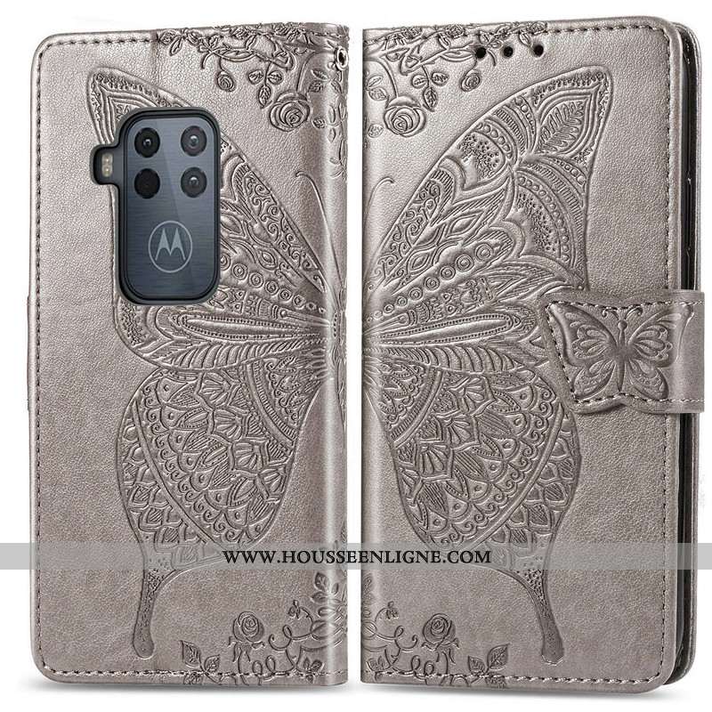 Housse Motorola One Zoom Cuir Protection En Relief Fleur Rose Coque