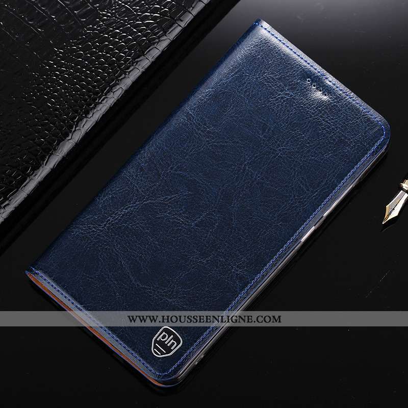 Housse Nokia 7.1 Protection Cuir Véritable Coque Modèle Fleurie Bleu Marin Étui Bleu Foncé