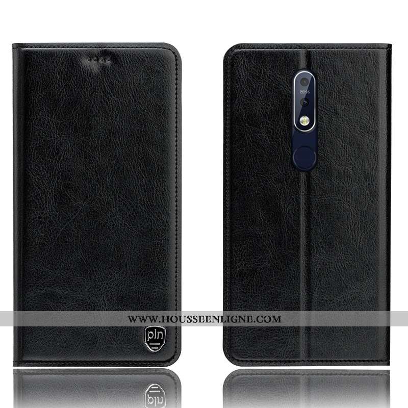 Housse Nokia 7.1 Protection Cuir Véritable Coque Modèle Fleurie Bleu Marin Étui Bleu Foncé