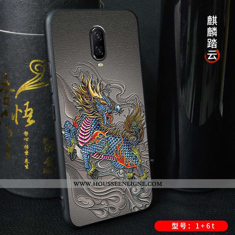 Housse Oneplus 6t Gaufrage Ultra Créatif Cuir Délavé En Daim Téléphone Portable Personnalité Noir
