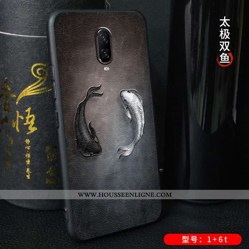 Housse Oneplus 6t Gaufrage Ultra Créatif Cuir Délavé En Daim Téléphone Portable Personnalité Noir