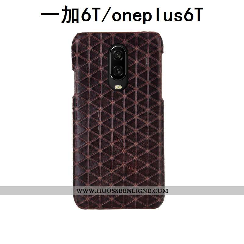 Housse Oneplus 6t Luxe Cuir Véritable Plaid Personnalisé Téléphone Portable Incassable Étui Marron