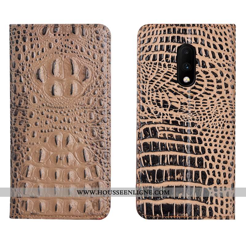 Housse Oneplus 7 Cuir Véritable Protection Étui Kaki Téléphone Portable Crocodile Khaki