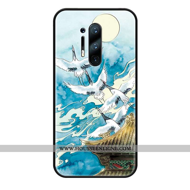 Housse Oneplus 8 Pro Créatif Gaufrage Style Chinois Grue Coque Étui Protection Bleu