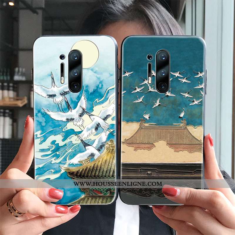 Housse Oneplus 8 Pro Créatif Gaufrage Style Chinois Grue Coque Étui Protection Bleu