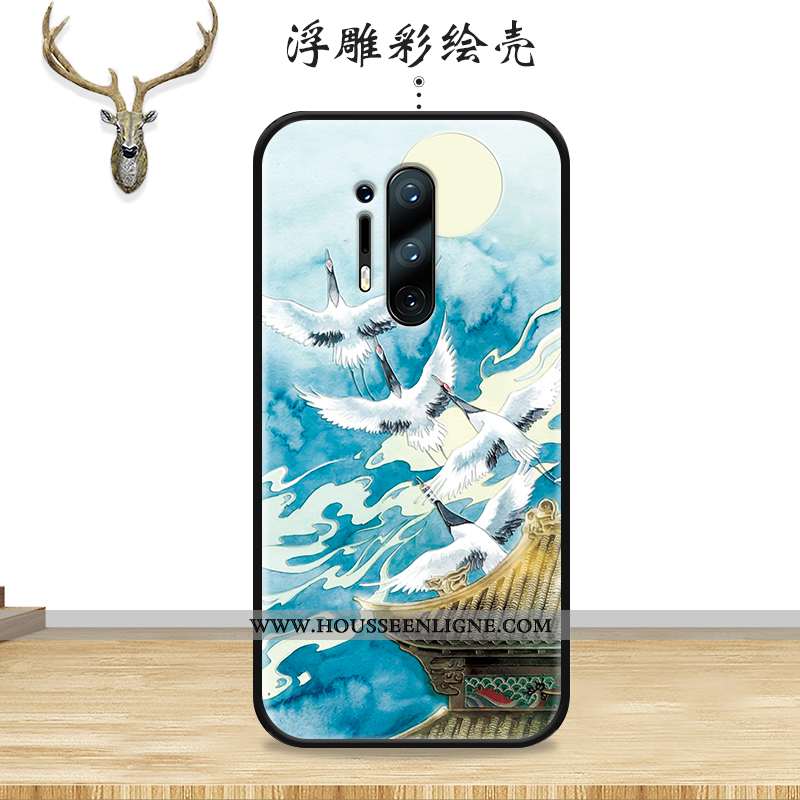 Housse Oneplus 8 Pro Créatif Gaufrage Style Chinois Grue Coque Étui Protection Bleu