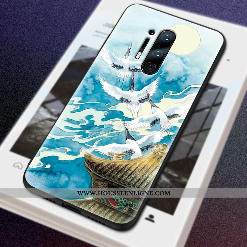 Housse Oneplus 8 Pro Créatif Gaufrage Style Chinois Grue Coque Étui Protection Bleu
