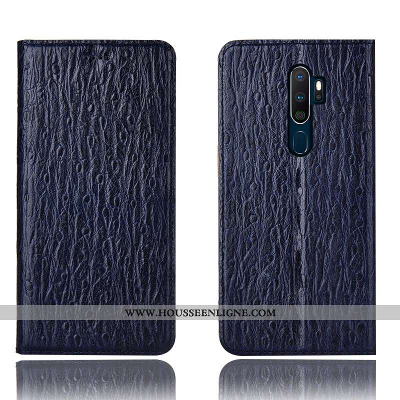 Housse Oppo A5 2020 Cuir Véritable Protection Étui Coque Incassable Bleu Marin Bleu Foncé