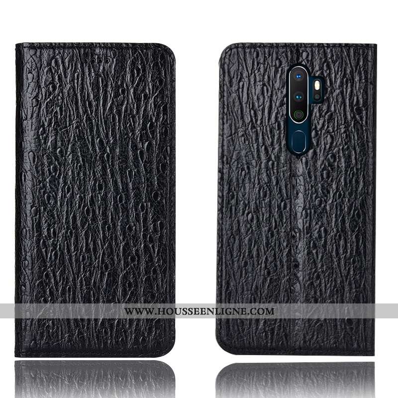 Housse Oppo A5 2020 Cuir Véritable Protection Étui Coque Incassable Bleu Marin Bleu Foncé