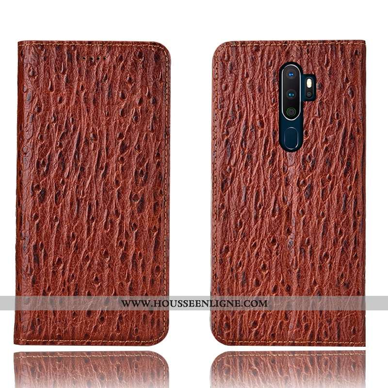 Housse Oppo A5 2020 Cuir Véritable Protection Étui Coque Incassable Bleu Marin Bleu Foncé