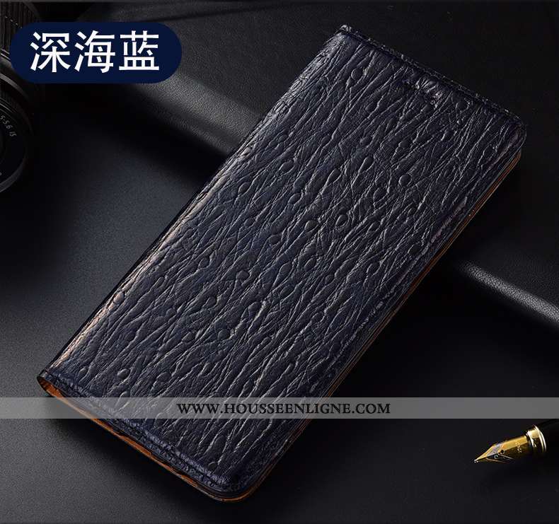 Housse Oppo A5 2020 Cuir Véritable Protection Étui Coque Incassable Bleu Marin Bleu Foncé