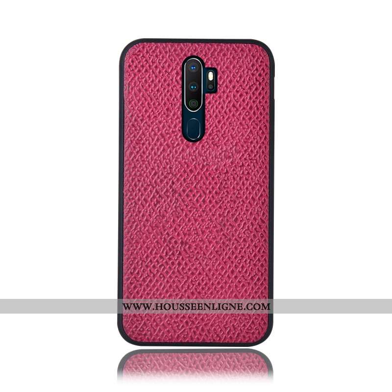 Housse Oppo A5 2020 Protection Cuir Véritable Rouge Incassable Mesh Coque Couvercle Arrière Rose