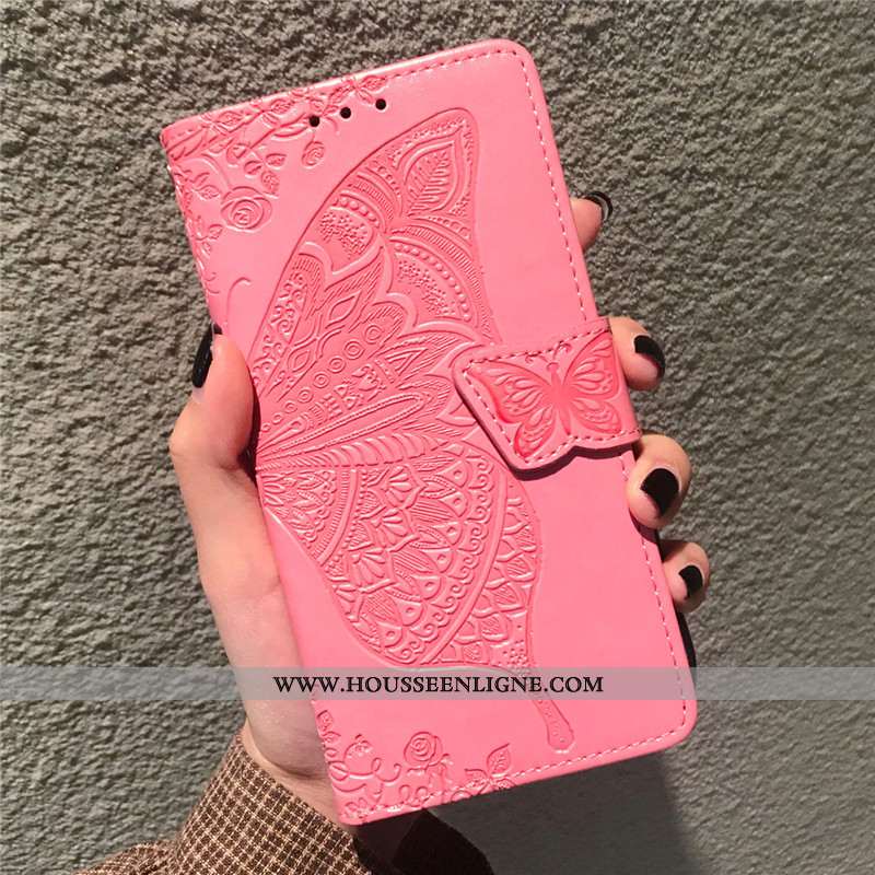 Housse Oppo A5 2020 Protection Ornements Suspendus Couleur Unie Cuir En Relief Gaufrage Fleur Rose