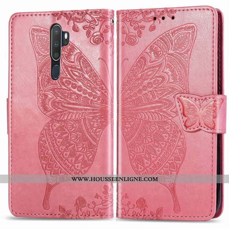 Housse Oppo A5 2020 Protection Ornements Suspendus Couleur Unie Cuir En Relief Gaufrage Fleur Rose
