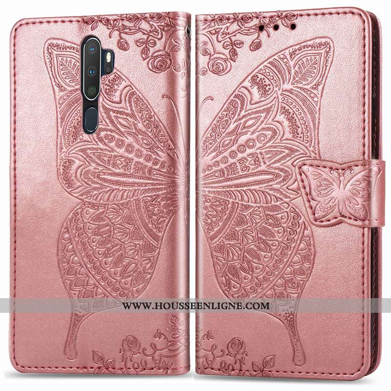 Housse Oppo A5 2020 Protection Ornements Suspendus Couleur Unie Cuir En Relief Gaufrage Fleur Rose