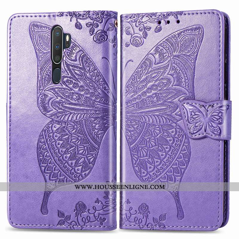 Housse Oppo A5 2020 Protection Ornements Suspendus Couleur Unie Cuir En Relief Gaufrage Fleur Rose