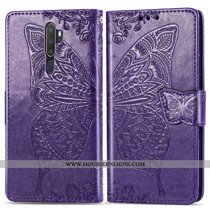 Housse Oppo A5 2020 Protection Ornements Suspendus Couleur Unie Cuir En Relief Gaufrage Fleur Rose