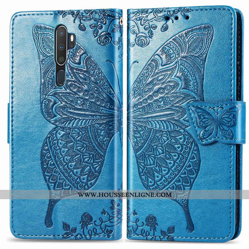 Housse Oppo A5 2020 Protection Ornements Suspendus Couleur Unie Cuir En Relief Gaufrage Fleur Rose