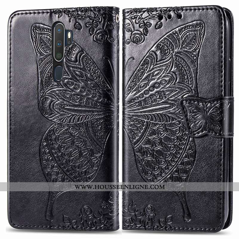 Housse Oppo A5 2020 Protection Ornements Suspendus Couleur Unie Cuir En Relief Gaufrage Fleur Rose