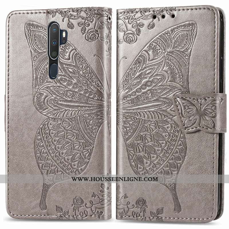 Housse Oppo A5 2020 Protection Ornements Suspendus Couleur Unie Cuir En Relief Gaufrage Fleur Rose