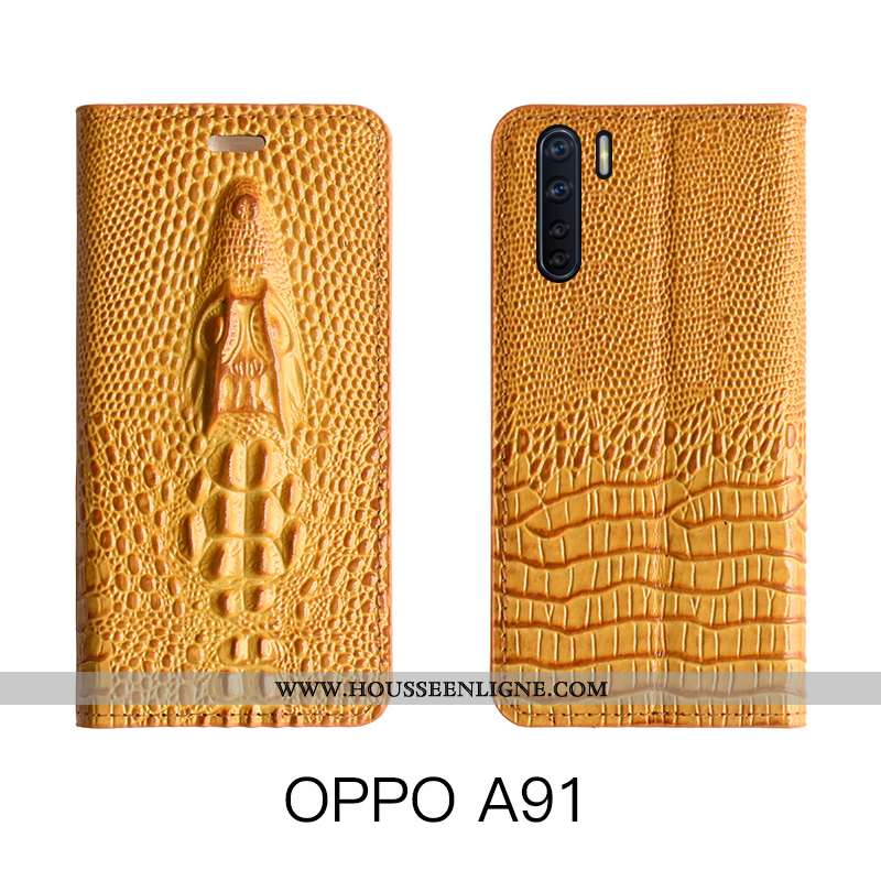 Housse Oppo A91 Cuir Véritable Cuir Étui Luxe Téléphone Portable Luxe Jaune