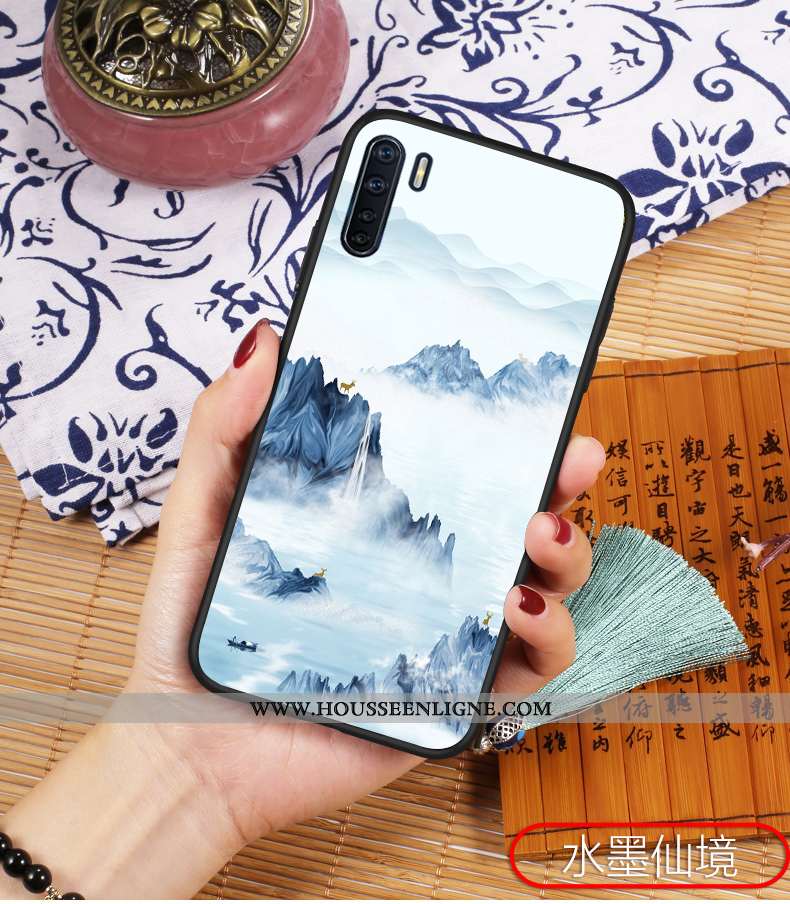 Housse Oppo A91 Protection Délavé En Daim Bleu Silicone Style Chinois Étui Légère