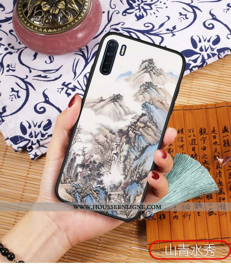 Housse Oppo A91 Protection Délavé En Daim Bleu Silicone Style Chinois Étui Légère