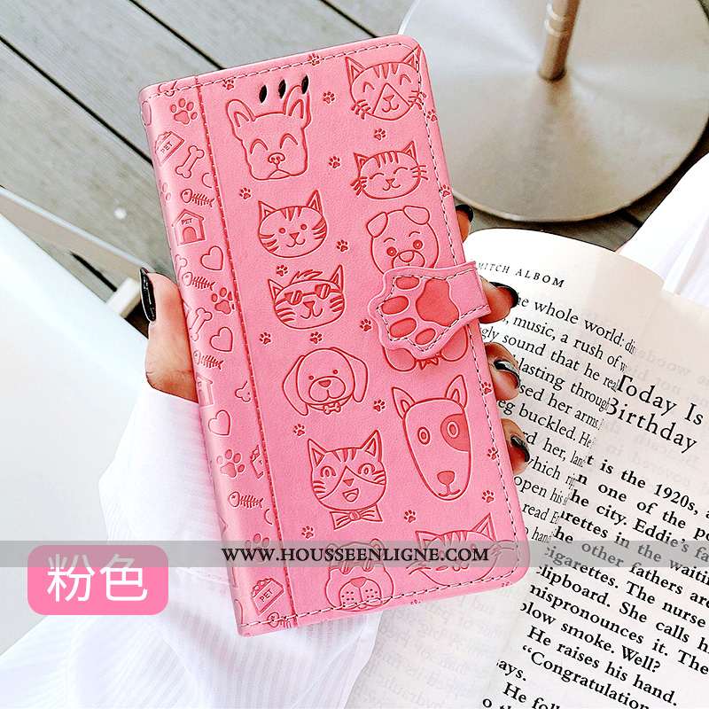 Housse Samsung Galaxy A20s Cuir Protection Dessin Animé Chat Clamshell Coque Tendance Rose