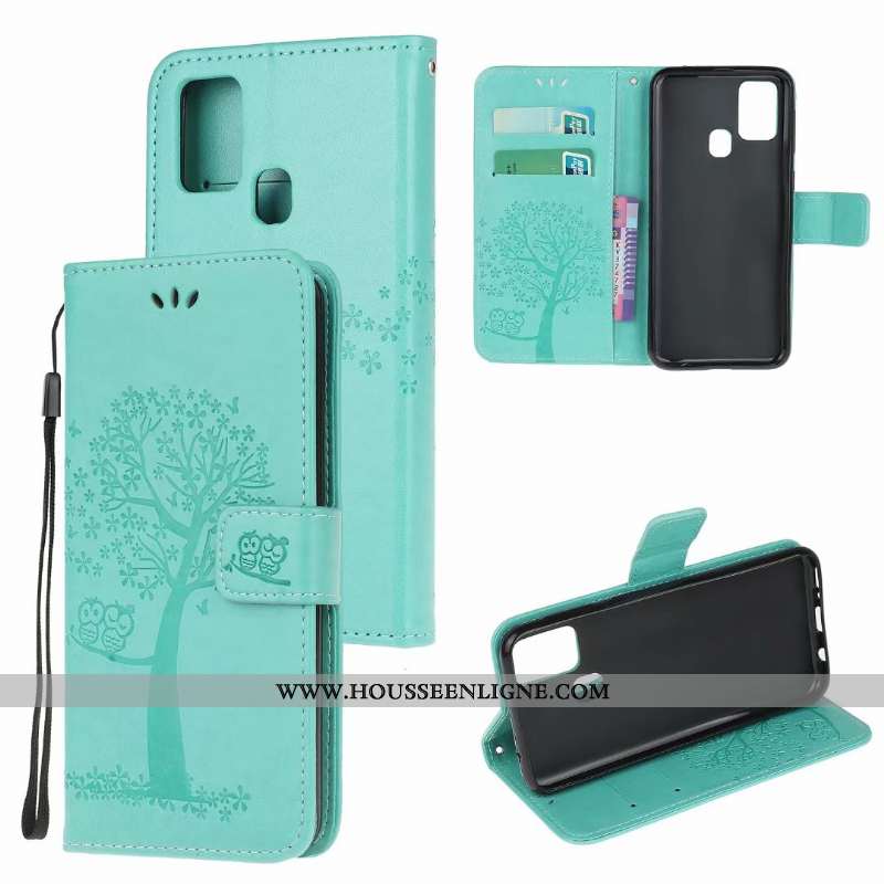 Housse Samsung Galaxy A21s Portefeuille Cuir Vert Tout Compris Coque Fluide Doux Incassable Verte